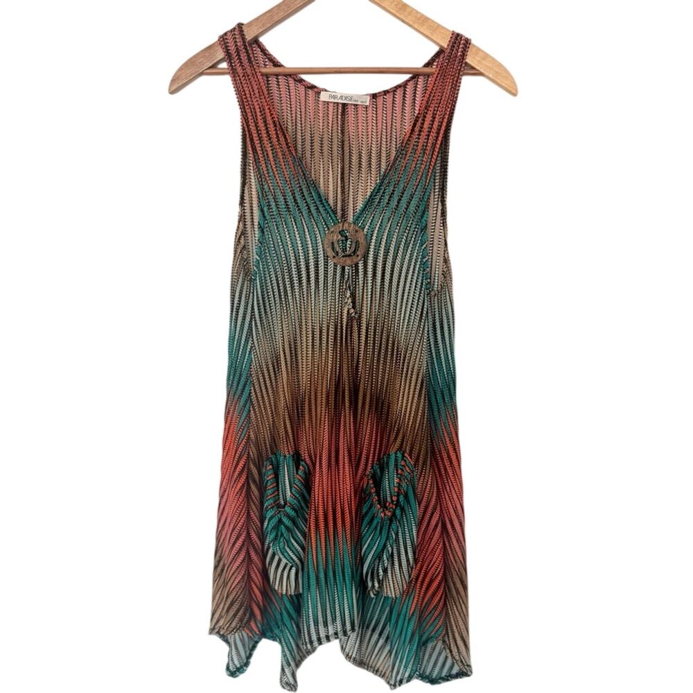 Paradise USA Boho Mesh Knit Cover Up Dress Chevron Multicolor Size XS/S
